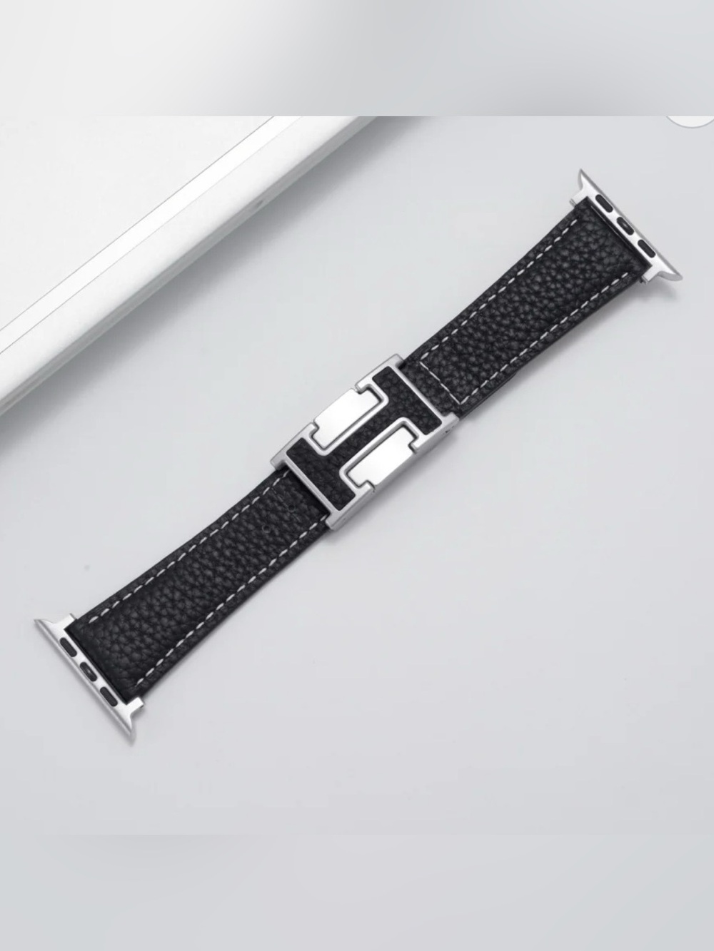 Watch Strap - Black Leather with Contrast White Stitching 42mm
